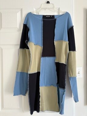 Nasty Gal Patchwork Colorblock Long Sleeve Dress - Light Blue, Black, Olive